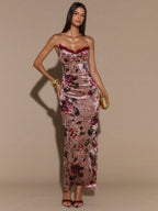 SHEIN BAE Floral Print Maxi Dress With Lace Trim Spaghetti Strap Bodycon Long Dress, Elegant Curve-Hugging Dress For Women, Vacation Dress, Valentine's Day Date Dress, Bridesmaid Mini Dress, Printed Dress,Valentine's Day,Valentine Outfits For Women