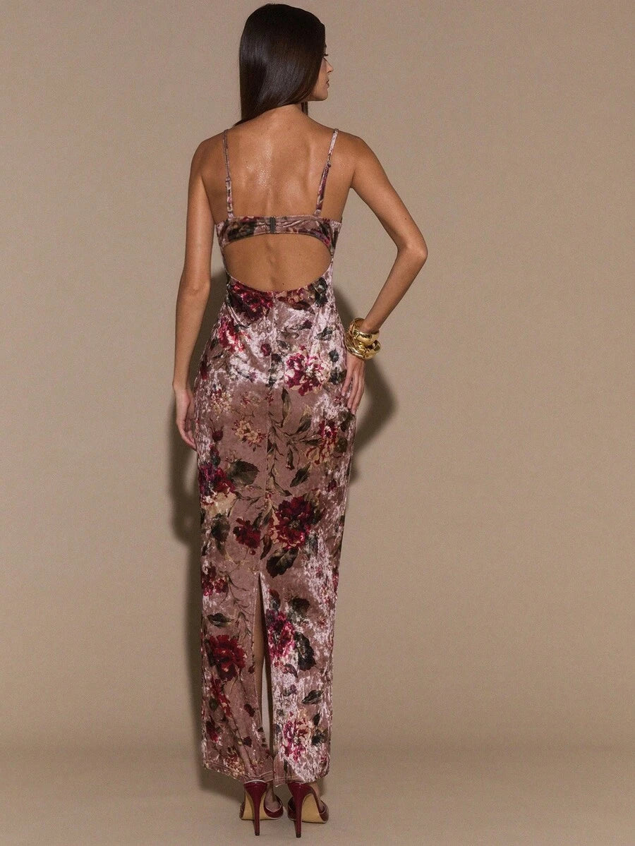 SHEIN BAE Floral Print Maxi Dress With Lace Trim Spaghetti Strap Bodycon Long Dress, Elegant Curve-Hugging Dress For Women, Vacation Dress, Valentine's Day Date Dress, Bridesmaid Mini Dress, Printed Dress,Valentine's Day,Valentine Outfits For Women