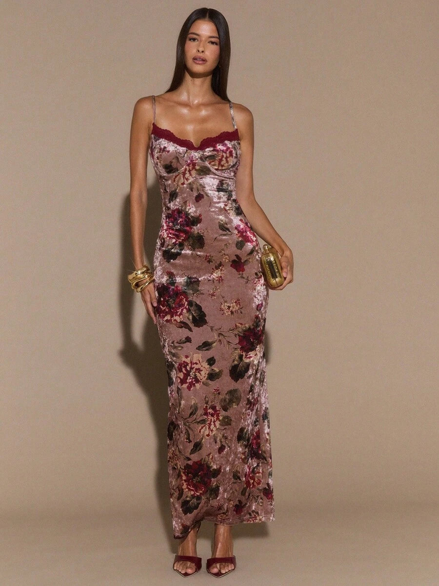 SHEIN BAE Floral Print Maxi Dress With Lace Trim Spaghetti Strap Bodycon Long Dress, Elegant Curve-Hugging Dress For Women, Vacation Dress, Valentine's Day Date Dress, Bridesmaid Mini Dress, Printed Dress,Valentine's Day,Valentine Outfits For Women