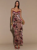 SHEIN BAE Floral Print Maxi Dress With Lace Trim Spaghetti Strap Bodycon Long Dress, Elegant Curve-Hugging Dress For Women, Vacation Dress, Valentine's Day Date Dress, Bridesmaid Mini Dress, Printed Dress,Valentine's Day,Valentine Outfits For Women