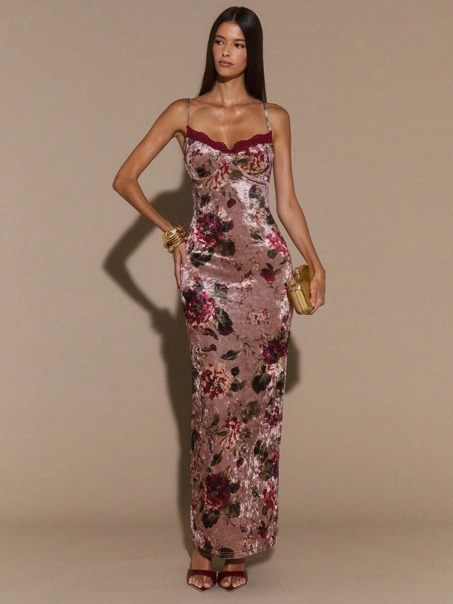 SHEIN BAE Floral Print Maxi Dress With Lace Trim Spaghetti Strap Bodycon Long Dress, Elegant Curve-Hugging Dress For Women, Vacation Dress, Valentine's Day Date Dress, Bridesmaid Mini Dress, Printed Dress,Valentine's Day,Valentine Outfits For Women