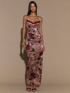 SHEIN BAE Floral Print Maxi Dress With Lace Trim Spaghetti Strap Bodycon Long Dress, Elegant Curve-Hugging Dress For Women, Vacation Dress, Valentine's Day Date Dress, Bridesmaid Mini Dress, Printed Dress,Valentine's Day,Valentine Outfits For Women