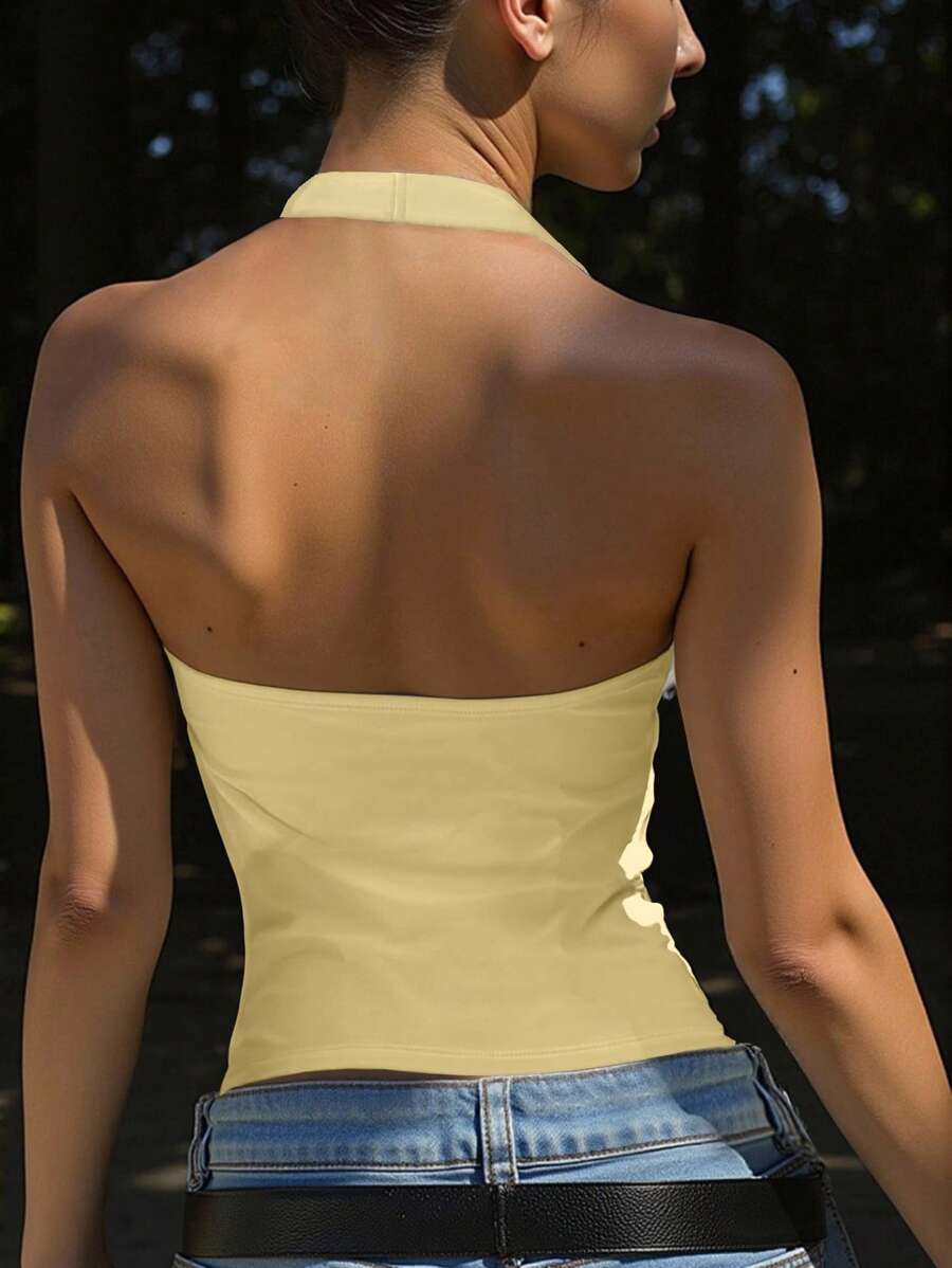 INAWLY Women's Solid Color Minimalist Halter Neck Camisole, Everyday Wear