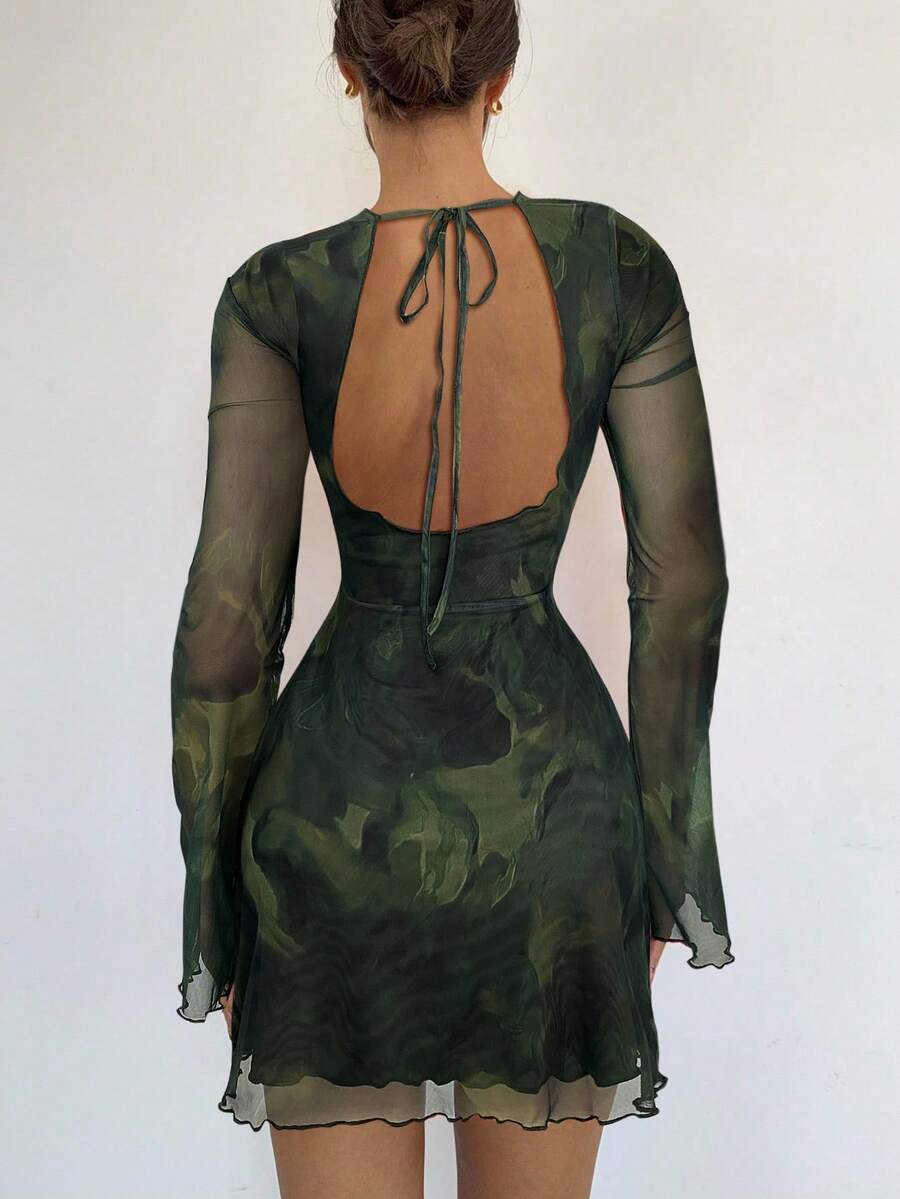 Siren Gaze Women's Sexy Mesh Patchwork Flare Sleeve Backless Mini Dress, Autumn,Dresses For Women Party Brown Summer