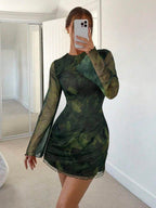 Siren Gaze Women's Sexy Mesh Patchwork Flare Sleeve Backless Mini Dress, Autumn,Dresses For Women Party Brown Summer