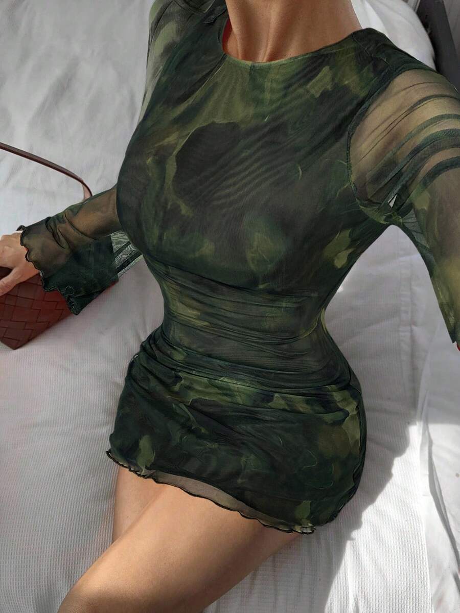 Siren Gaze Women's Sexy Mesh Patchwork Flare Sleeve Backless Mini Dress, Autumn,Dresses For Women Party Brown Summer
