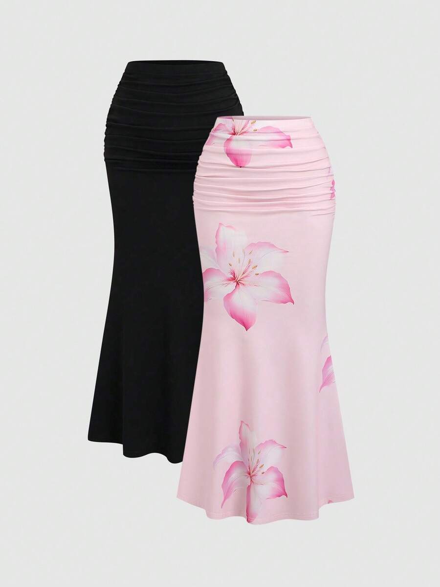 Sweetra 2pcs Women's Elegant Party Solid Color Mermaid Skirt And Floral Print Skirt Set Fall Cloth For Women