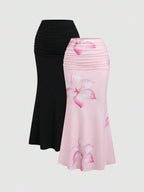 Sweetra 2pcs Women's Elegant Party Solid Color Mermaid Skirt And Floral Print Skirt Set Fall Cloth For Women