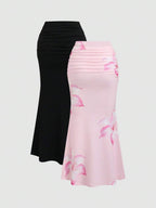 Sweetra 2pcs Women's Elegant Party Solid Color Mermaid Skirt And Floral Print Skirt Set Fall Cloth For Women