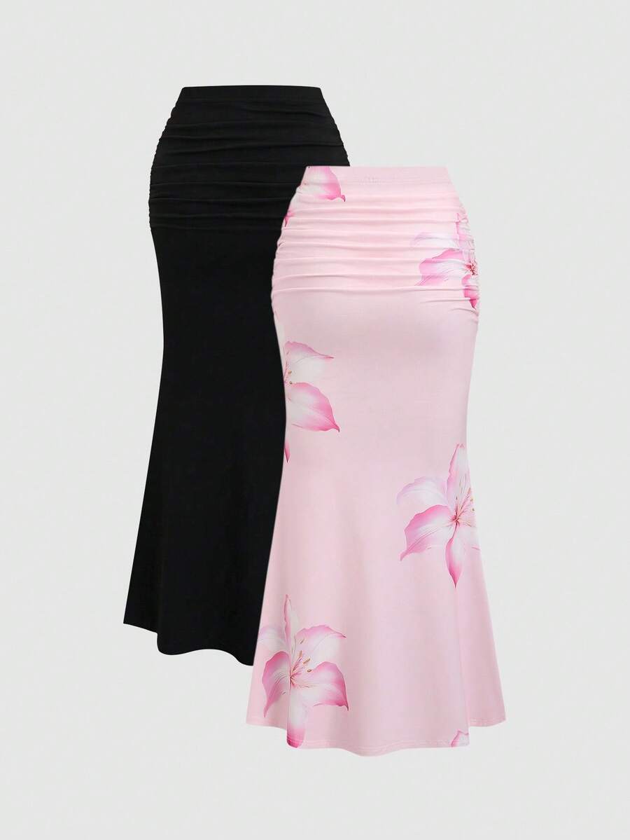 Sweetra 2pcs Women's Elegant Party Solid Color Mermaid Skirt And Floral Print Skirt Set Fall Cloth For Women