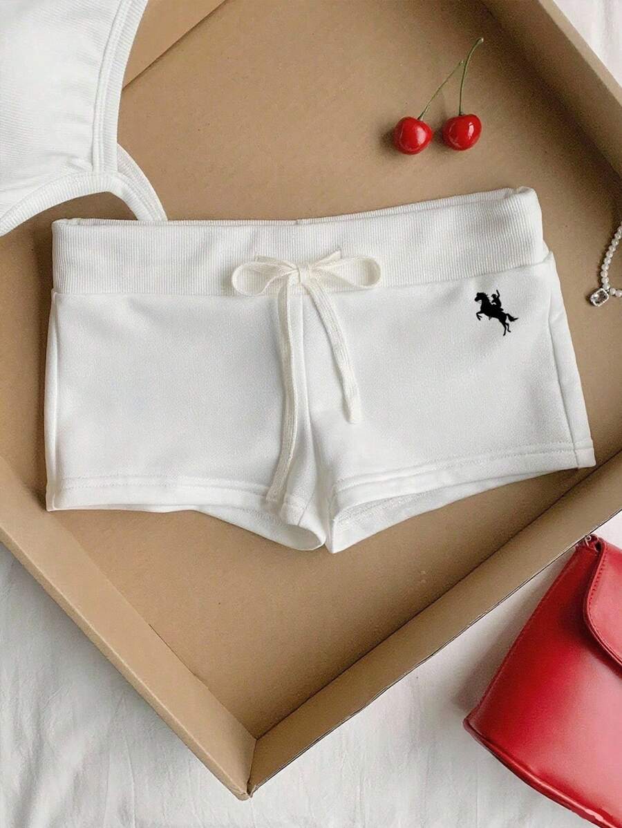 Comfortcana Casual Minimalist Pink Anti-Pilling Graphic Print White Drawstring Waist Slim Fit Shorts
