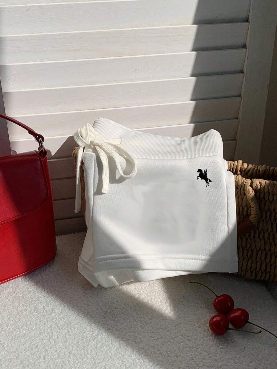Comfortcana Casual Minimalist Pink Anti-Pilling Graphic Print White Drawstring Waist Slim Fit Shorts