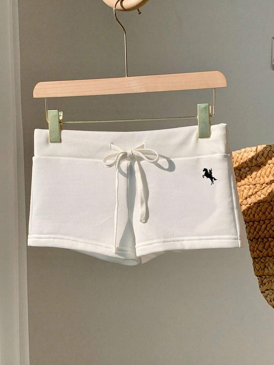Comfortcana Casual Minimalist Pink Anti-Pilling Graphic Print White Drawstring Waist Slim Fit Shorts