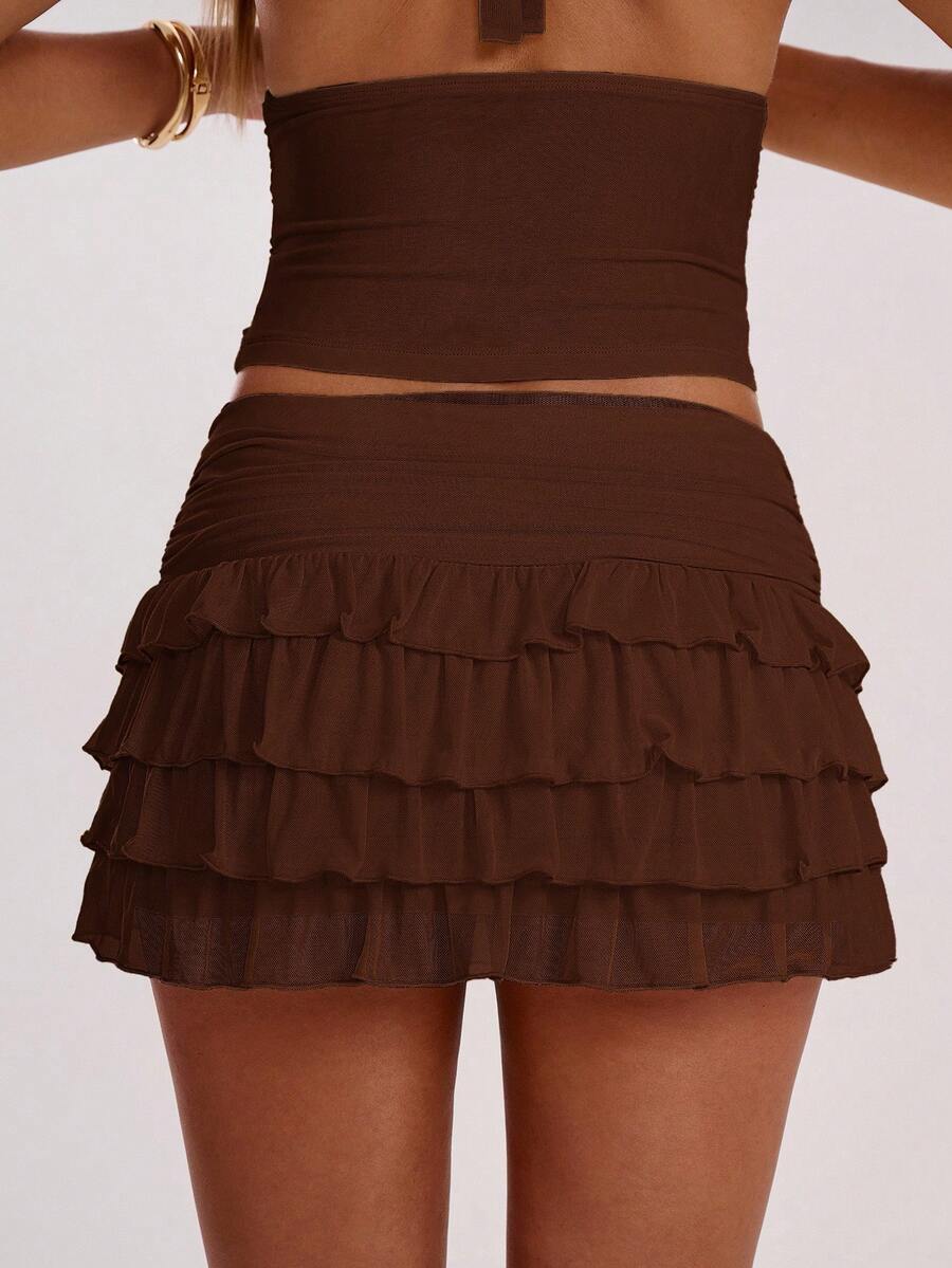 SHEIN BAE Women's Fashionable Sexy Multi-Layer Ruffle Hem Mini Skirt, Summer,Valentine's Day,Valentine Outfits For Women
