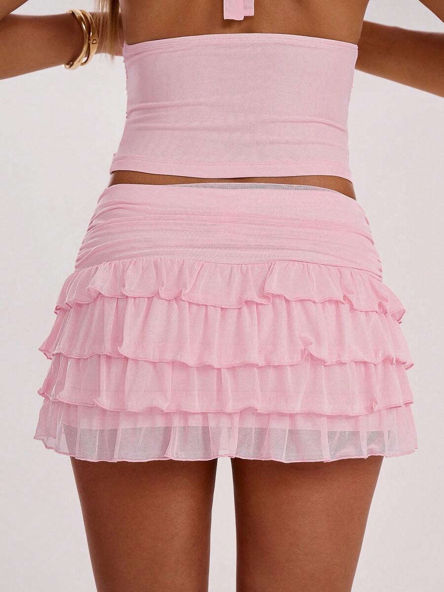 SHEIN BAE Women's Fashionable Sexy Multi-Layer Ruffle Hem Mini Skirt, Summer,Valentine's Day,Valentine Outfits For Women