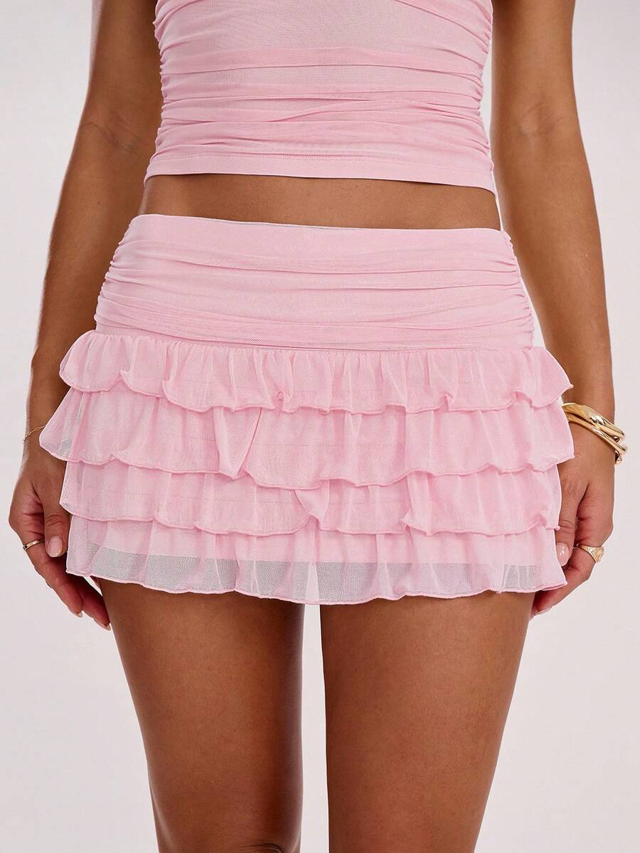 SHEIN BAE Women's Fashionable Sexy Multi-Layer Ruffle Hem Mini Skirt, Summer,Valentine's Day,Valentine Outfits For Women