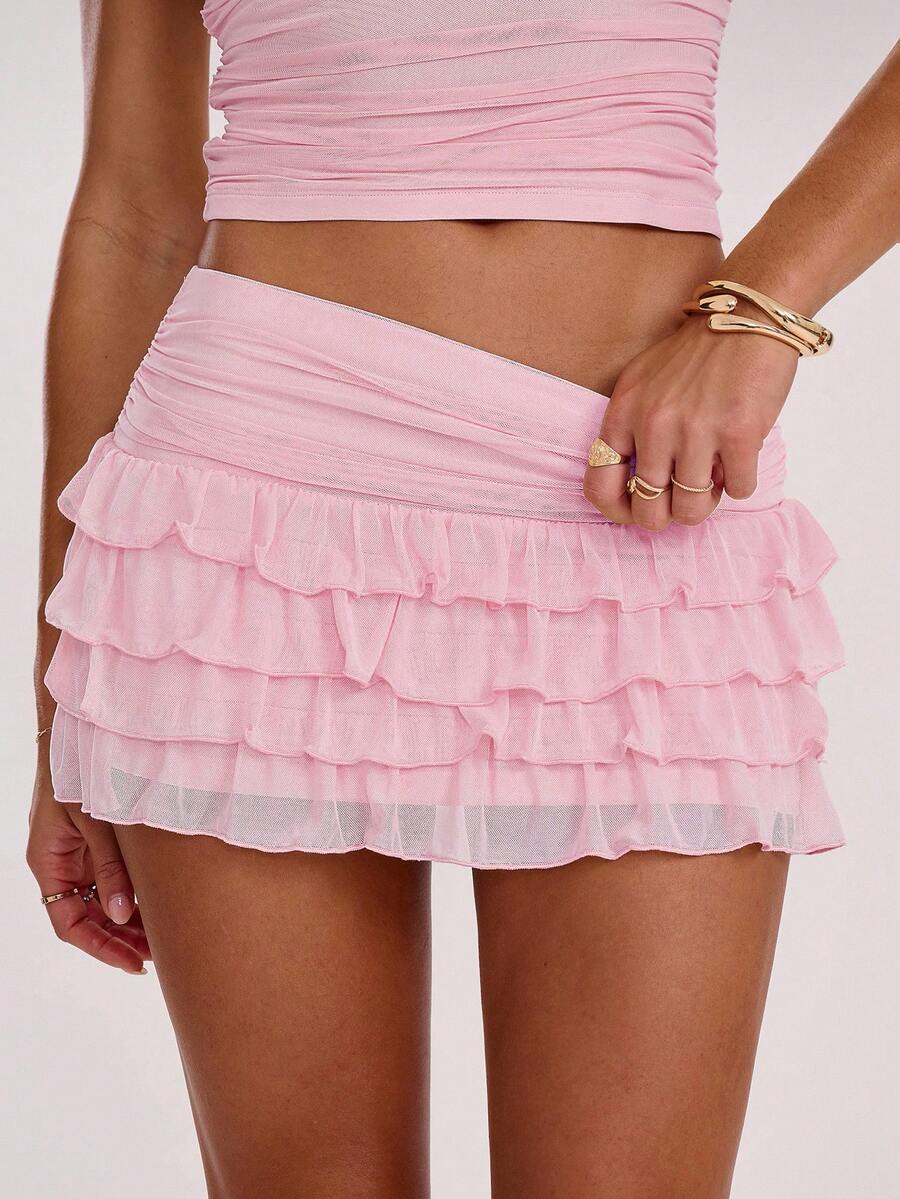 SHEIN BAE Women's Fashionable Sexy Multi-Layer Ruffle Hem Mini Skirt, Summer,Valentine's Day,Valentine Outfits For Women