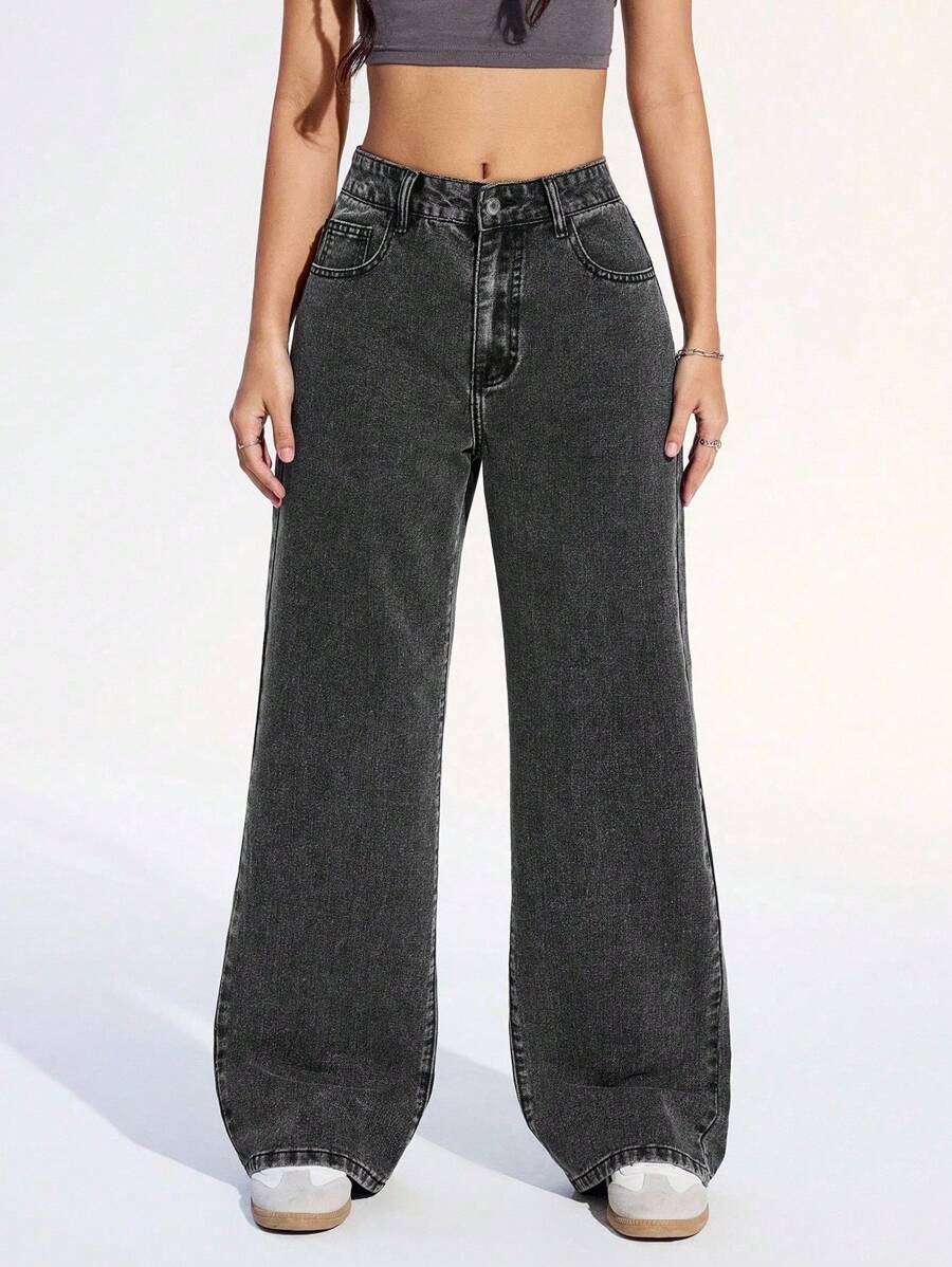 SHEIN ICON Women's Loose Fit Wide Leg Pockets Casual Versatile Jeans Pants