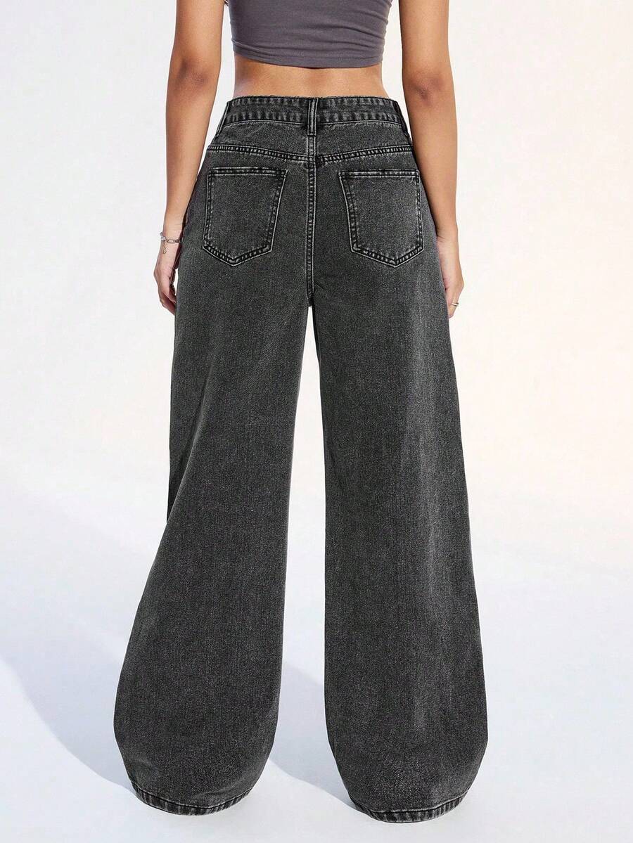 SHEIN ICON Women's Loose Fit Wide Leg Pockets Casual Versatile Jeans Pants