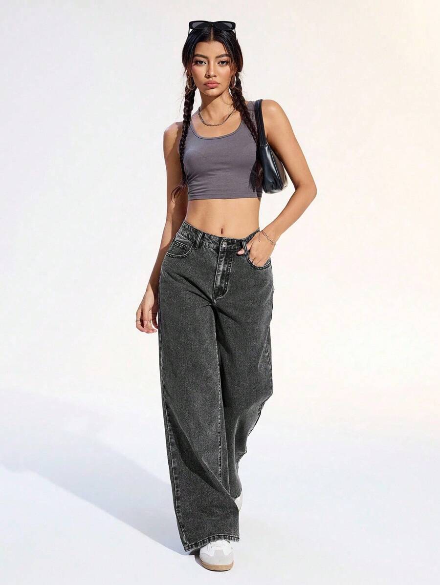 SHEIN ICON Women's Loose Fit Wide Leg Pockets Casual Versatile Jeans Pants