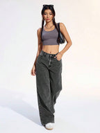 SHEIN ICON Women's Loose Fit Wide Leg Pockets Casual Versatile Jeans Pants