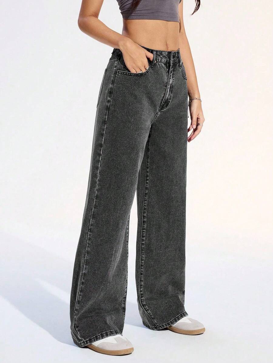 SHEIN ICON Women's Loose Fit Wide Leg Pockets Casual Versatile Jeans Pants