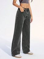 SHEIN ICON Women's Loose Fit Wide Leg Pockets Casual Versatile Jeans Pants