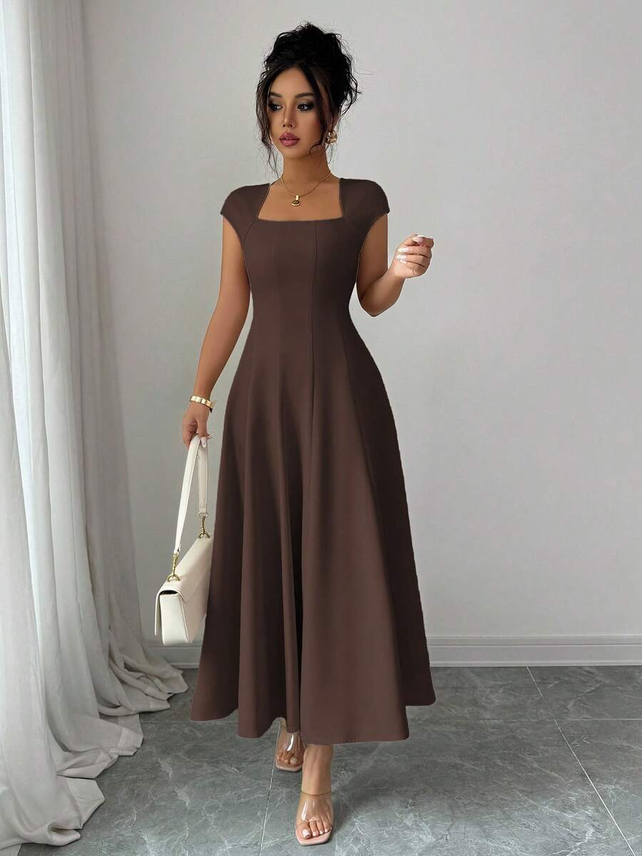 Elenzga Women's Elegant Solid Color Square Neck Waist Tie Splice A-Line Short Sleeve Midi Dress, Suitable For Commuting, Beach, Vacation, Music Festival, Beer Festival In Spring And Summer
