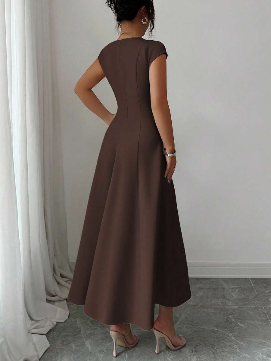 Elenzga Women's Elegant Solid Color Square Neck Waist Tie Splice A-Line Short Sleeve Midi Dress, Suitable For Commuting, Beach, Vacation, Music Festival, Beer Festival In Spring And Summer