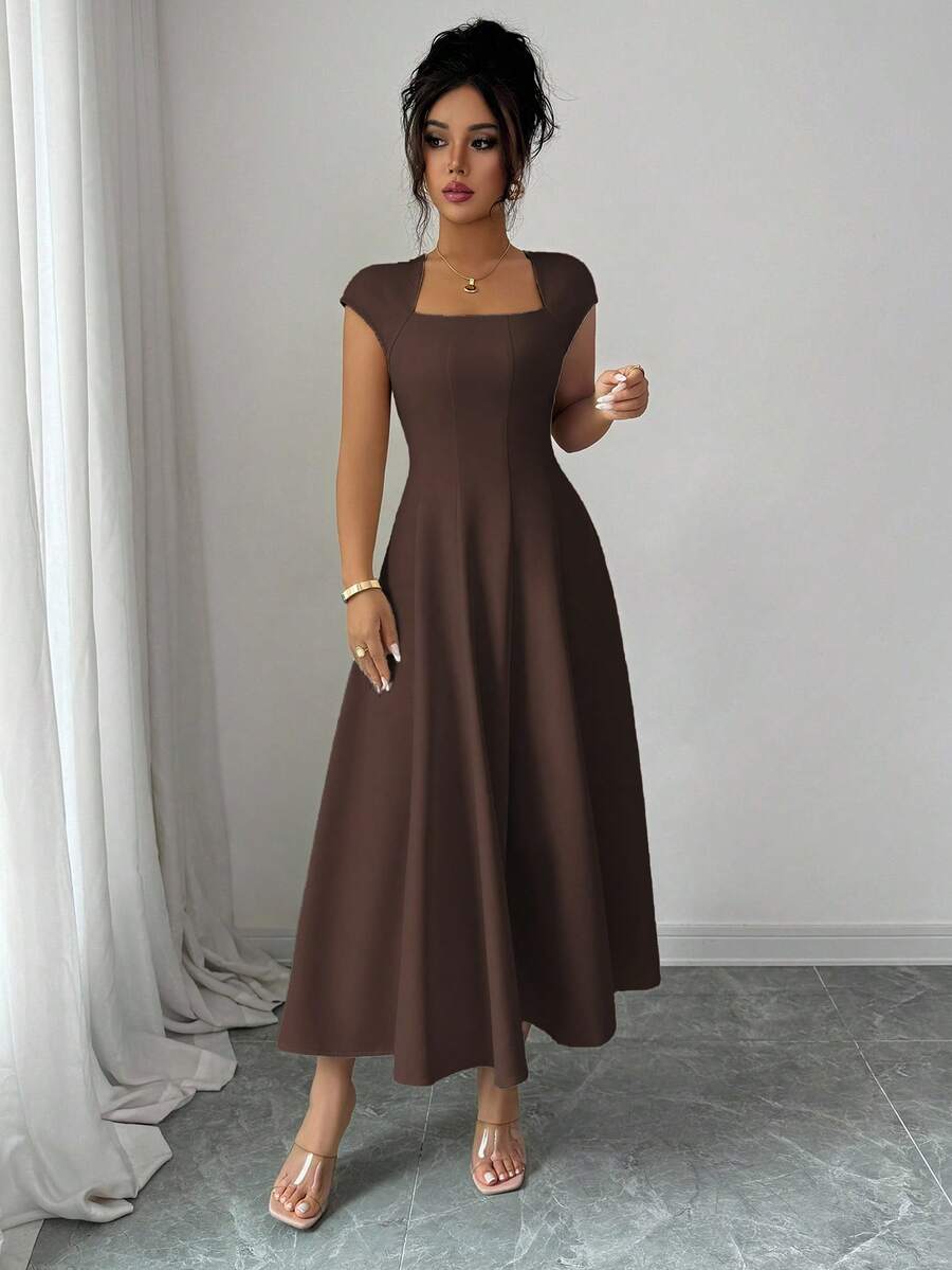 Elenzga Women's Elegant Solid Color Square Neck Waist Tie Splice A-Line Short Sleeve Midi Dress, Suitable For Commuting, Beach, Vacation, Music Festival, Beer Festival In Spring And Summer