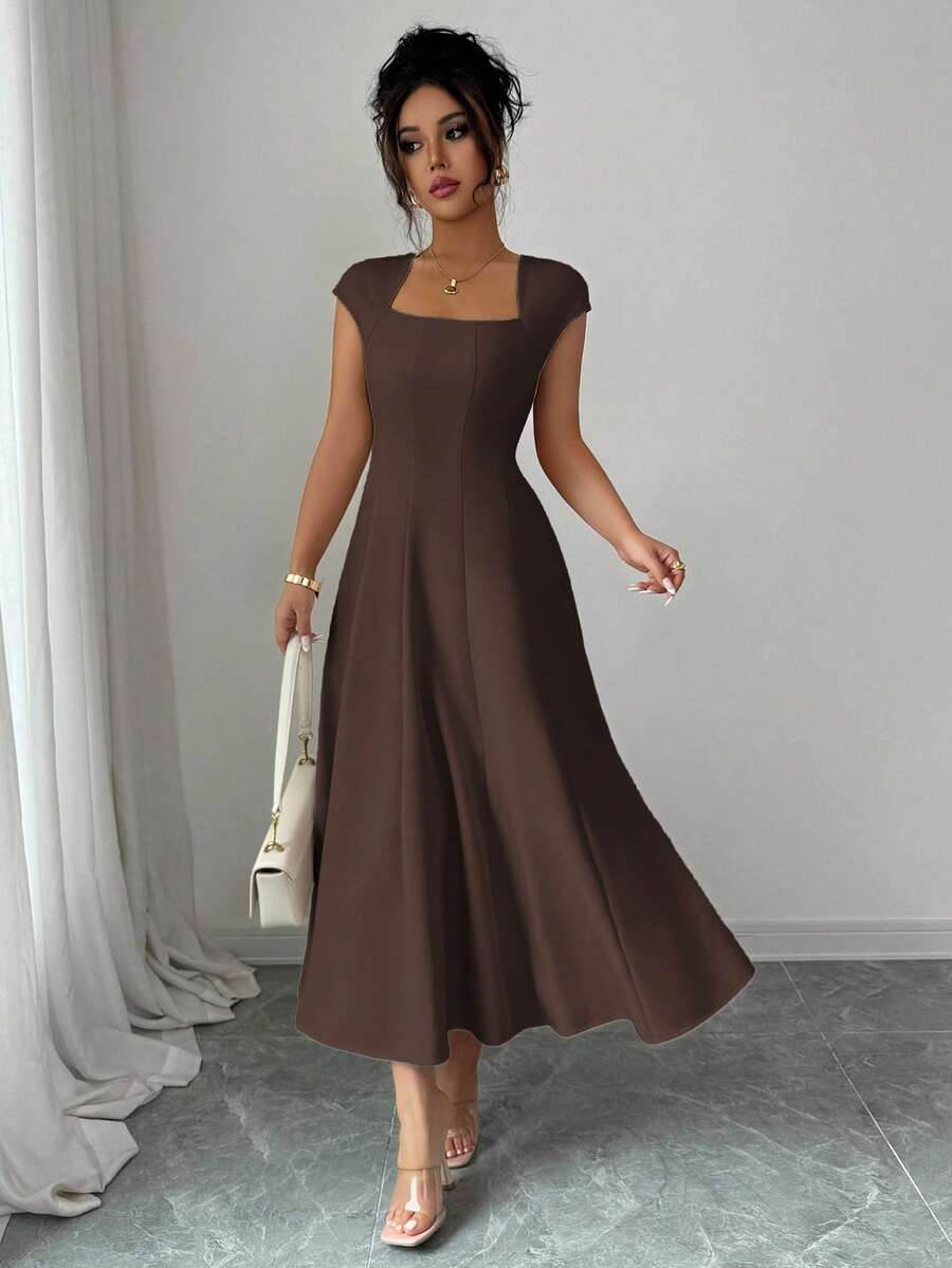 Elenzga Women's Elegant Solid Color Square Neck Waist Tie Splice A-Line Short Sleeve Midi Dress, Suitable For Commuting, Beach, Vacation, Music Festival, Beer Festival In Spring And Summer
