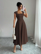 Elenzga Women's Elegant Solid Color Square Neck Waist Tie Splice A-Line Short Sleeve Midi Dress, Suitable For Commuting, Beach, Vacation, Music Festival, Beer Festival In Spring And Summer