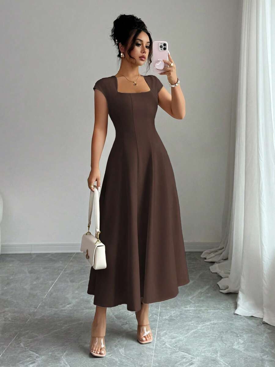 Elenzga Women's Elegant Solid Color Square Neck Waist Tie Splice A-Line Short Sleeve Midi Dress, Suitable For Commuting, Beach, Vacation, Music Festival, Beer Festival In Spring And Summer