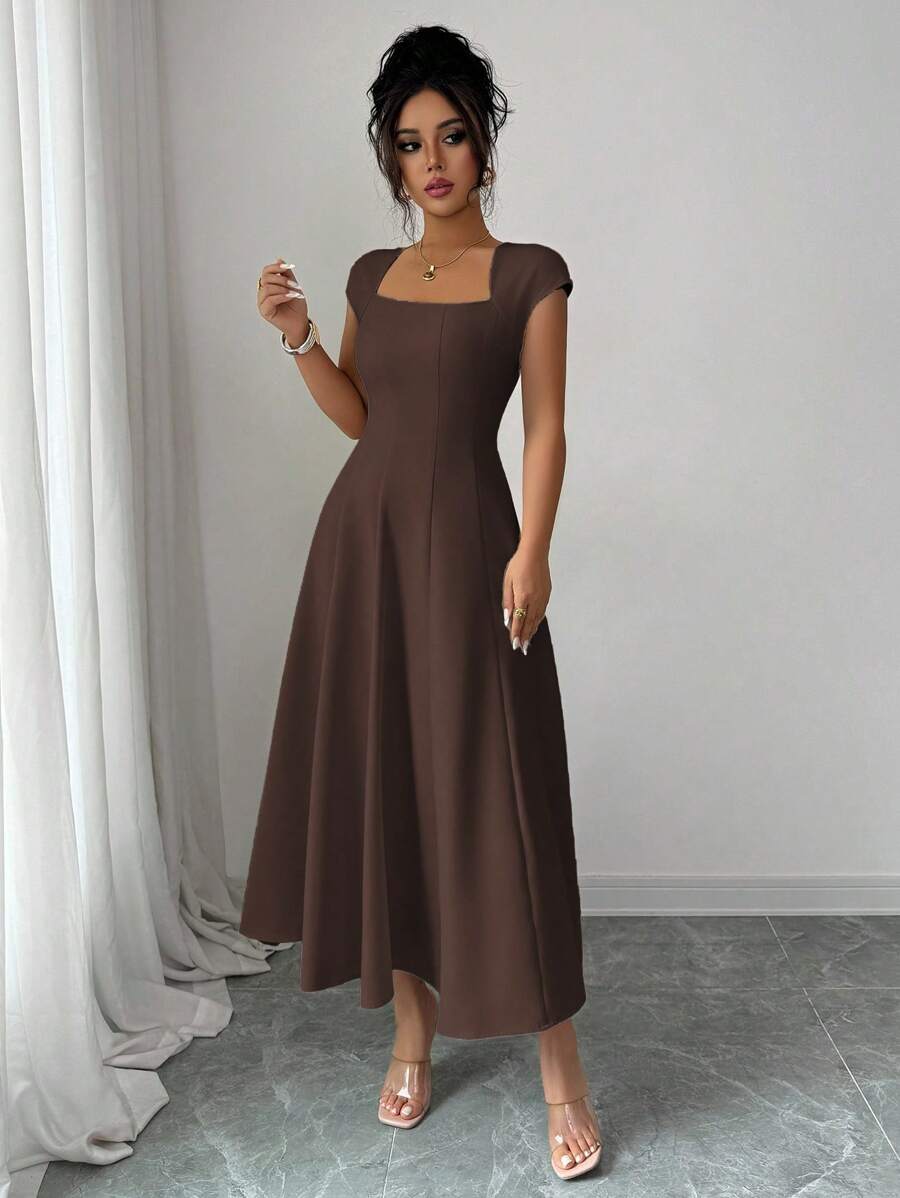Elenzga Women's Elegant Solid Color Square Neck Waist Tie Splice A-Line Short Sleeve Midi Dress, Suitable For Commuting, Beach, Vacation, Music Festival, Beer Festival In Spring And Summer