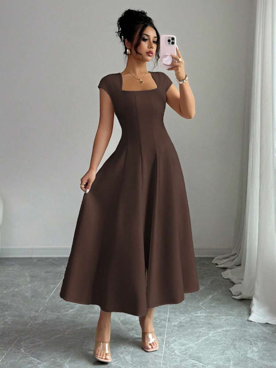 Elenzga Women's Elegant Solid Color Square Neck Waist Tie Splice A-Line Short Sleeve Midi Dress, Suitable For Commuting, Beach, Vacation, Music Festival, Beer Festival In Spring And Summer