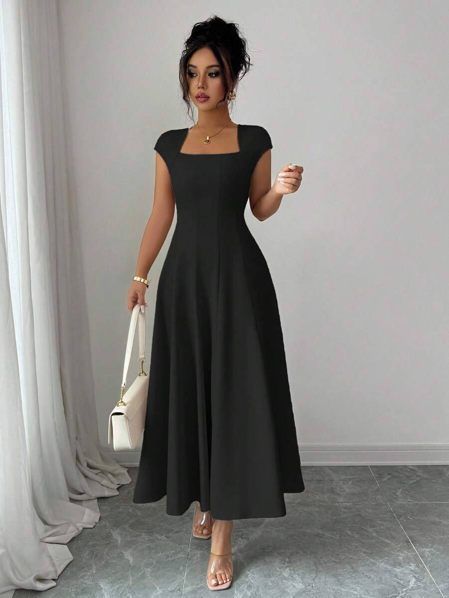 Elenzga Women's Elegant Solid Color Square Neck Waist Tie Splice A-Line Short Sleeve Midi Dress, Suitable For Commuting, Beach, Vacation, Music Festival, Beer Festival In Spring And Summer