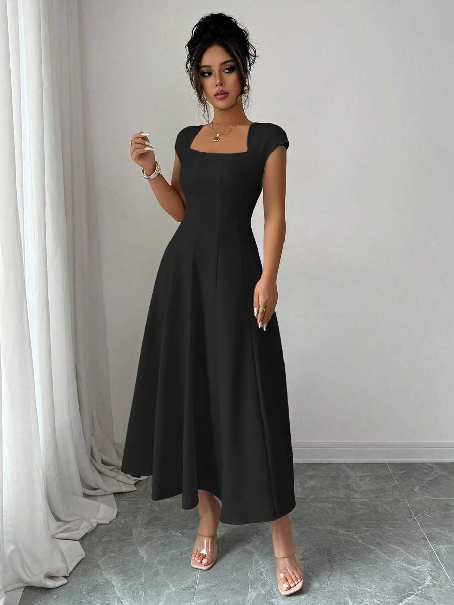 Elenzga Women's Elegant Solid Color Square Neck Waist Tie Splice A-Line Short Sleeve Midi Dress, Suitable For Commuting, Beach, Vacation, Music Festival, Beer Festival In Spring And Summer
