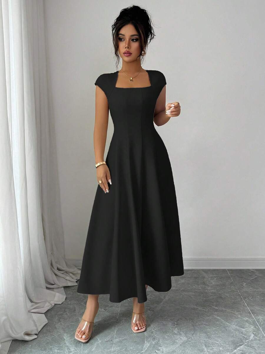 Elenzga Women's Elegant Solid Color Square Neck Waist Tie Splice A-Line Short Sleeve Midi Dress, Suitable For Commuting, Beach, Vacation, Music Festival, Beer Festival In Spring And Summer