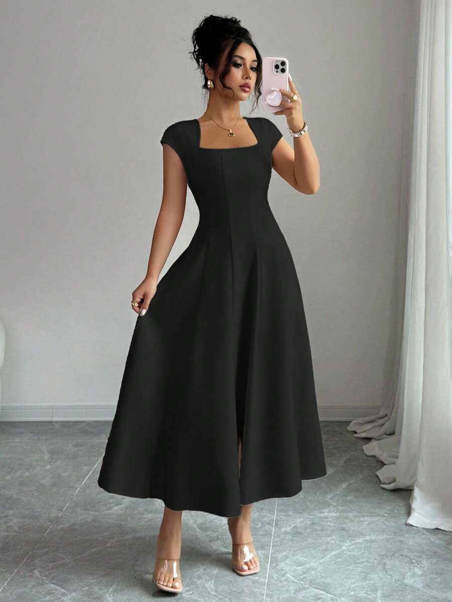 Elenzga Women's Elegant Solid Color Square Neck Waist Tie Splice A-Line Short Sleeve Midi Dress, Suitable For Commuting, Beach, Vacation, Music Festival, Beer Festival In Spring And Summer