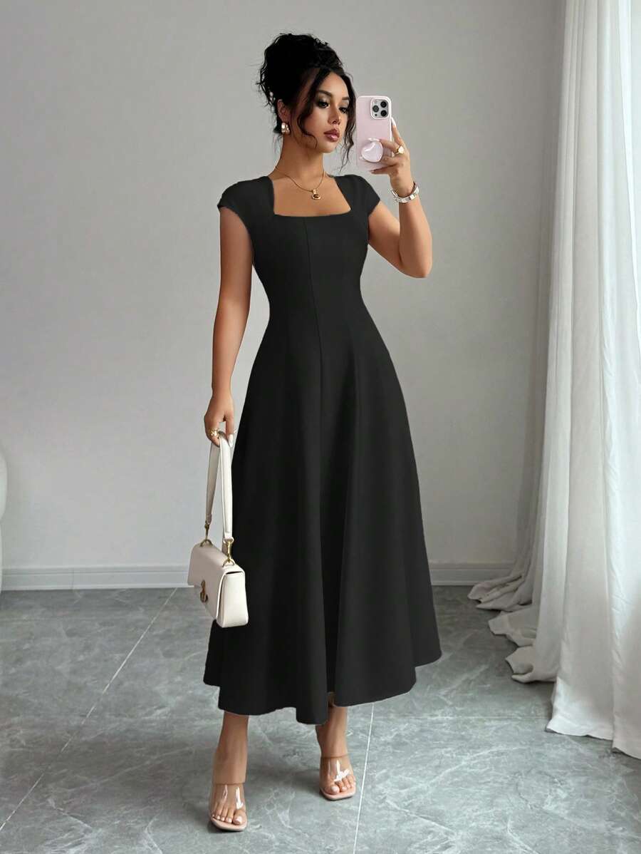 Elenzga Women's Elegant Solid Color Square Neck Waist Tie Splice A-Line Short Sleeve Midi Dress, Suitable For Commuting, Beach, Vacation, Music Festival, Beer Festival In Spring And Summer