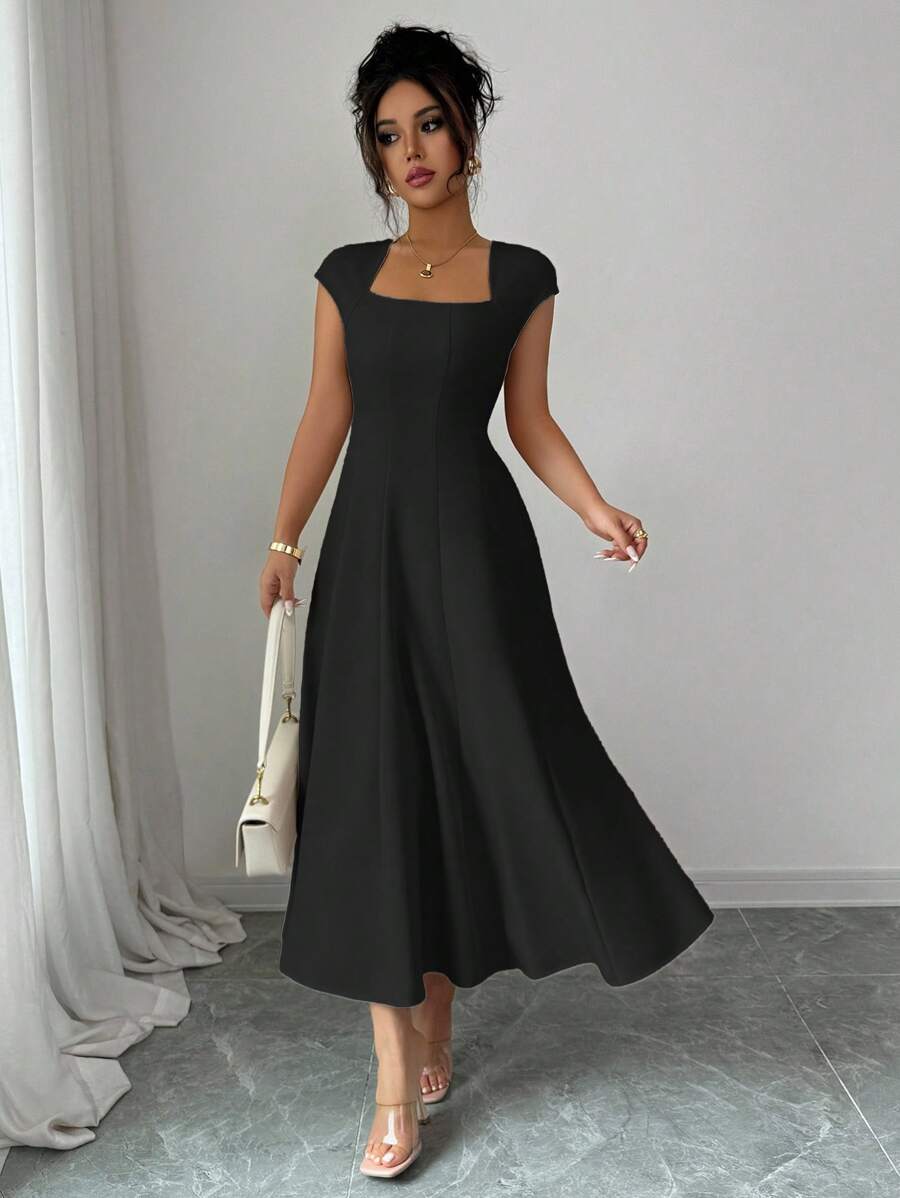 Elenzga Women's Elegant Solid Color Square Neck Waist Tie Splice A-Line Short Sleeve Midi Dress, Suitable For Commuting, Beach, Vacation, Music Festival, Beer Festival In Spring And Summer