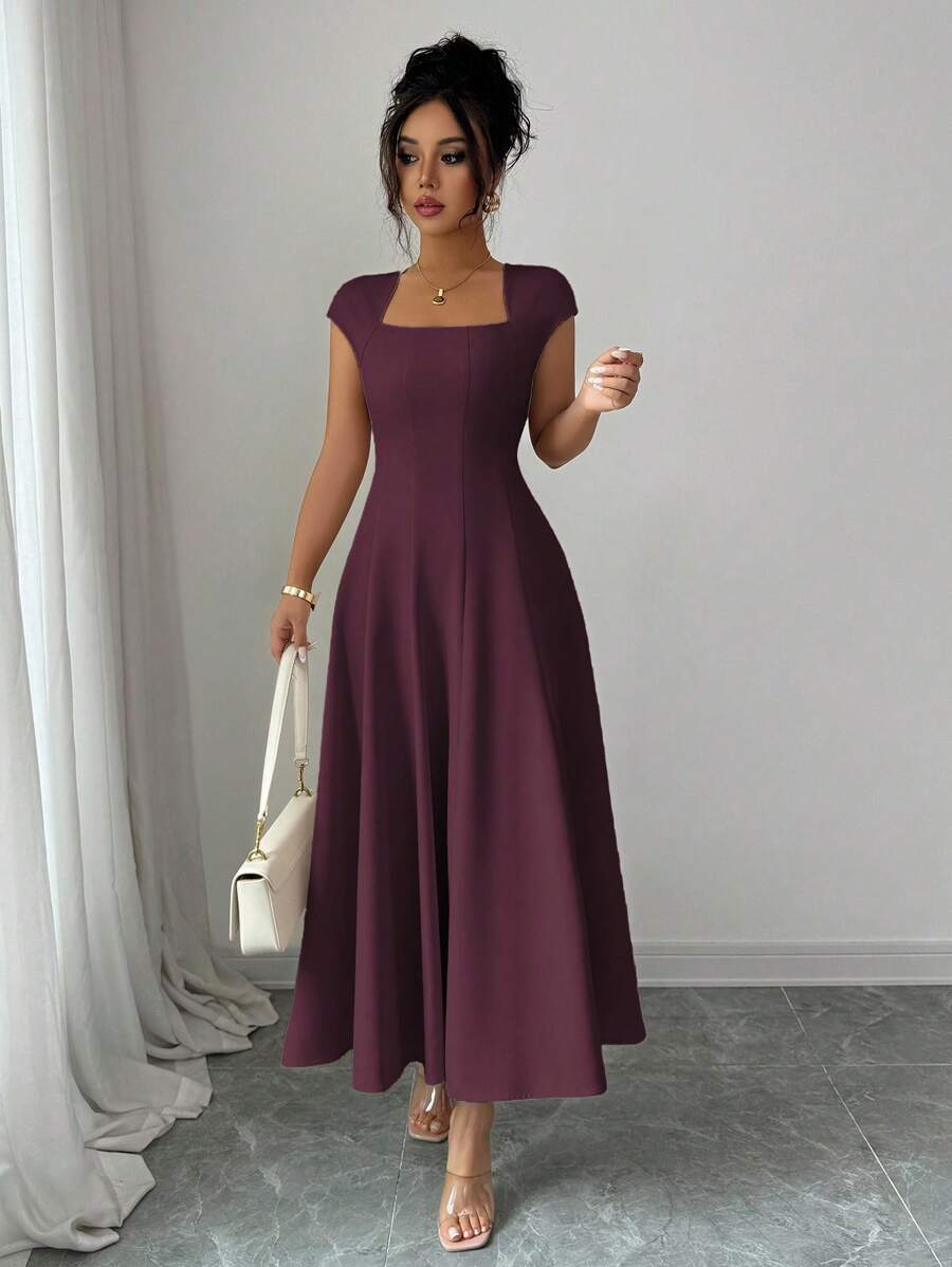 Elenzga Women's Elegant Solid Color Square Neck Waist Tie Splice A-Line Short Sleeve Midi Dress, Suitable For Commuting, Beach, Vacation, Music Festival, Beer Festival In Spring And Summer