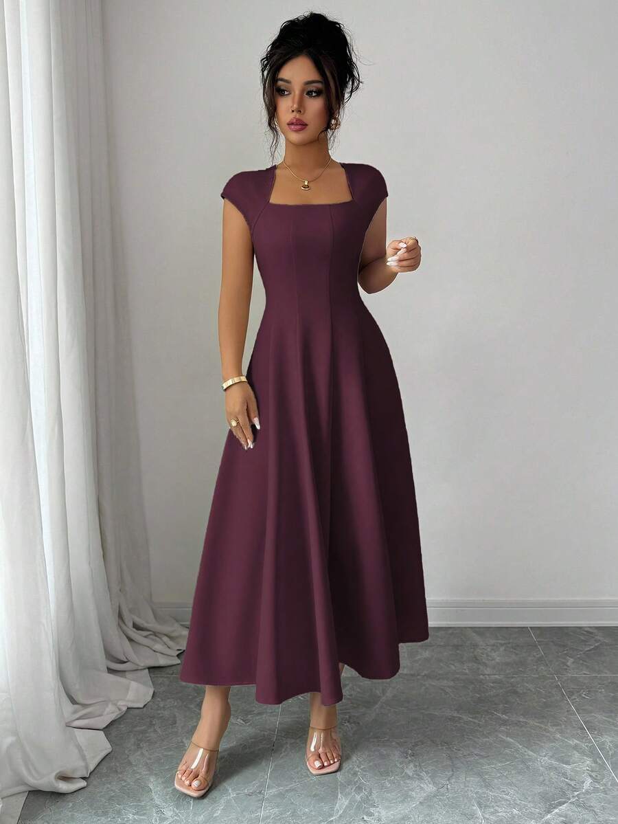 Elenzga Women's Elegant Solid Color Square Neck Waist Tie Splice A-Line Short Sleeve Midi Dress, Suitable For Commuting, Beach, Vacation, Music Festival, Beer Festival In Spring And Summer