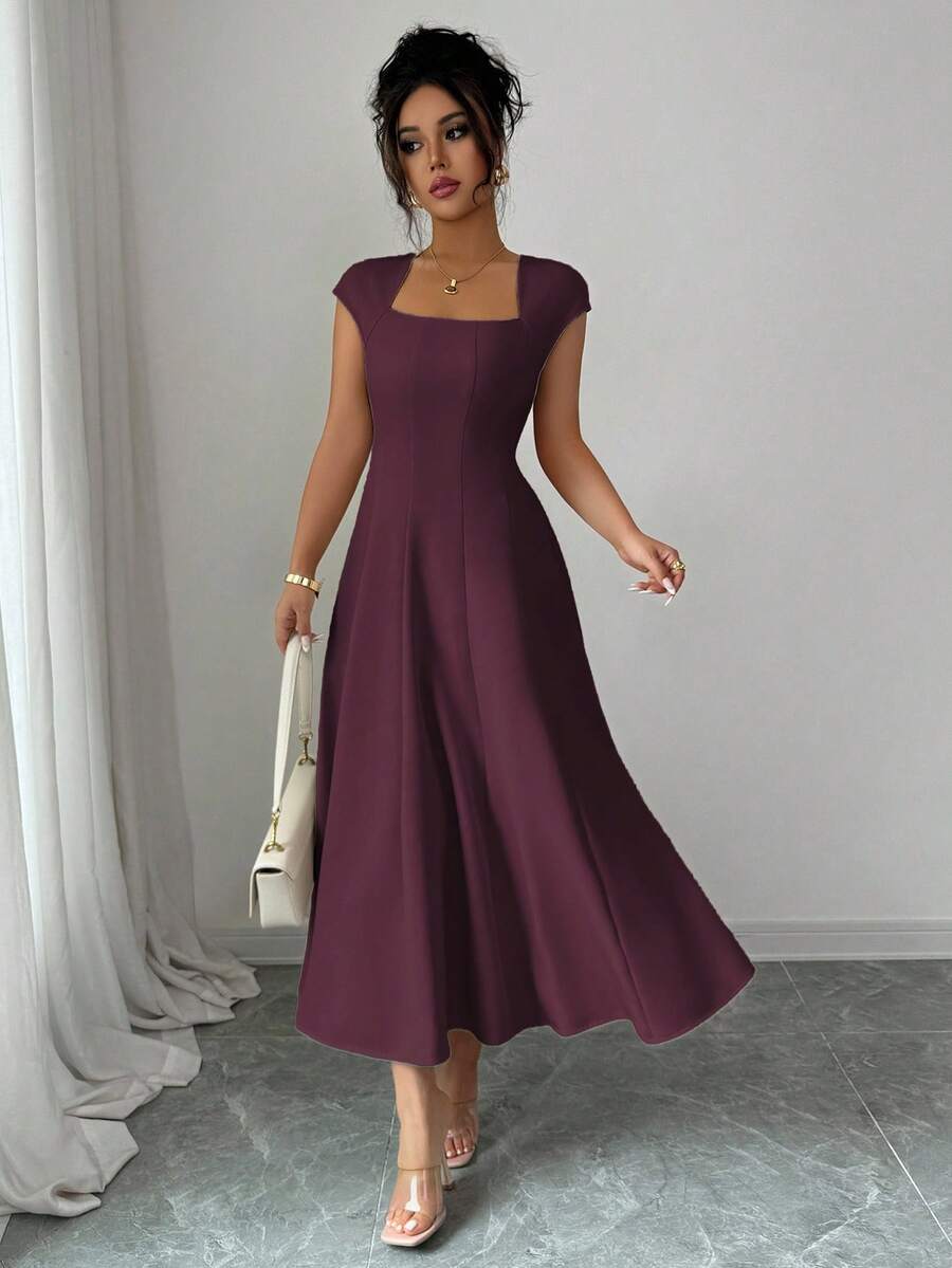 Elenzga Women's Elegant Solid Color Square Neck Waist Tie Splice A-Line Short Sleeve Midi Dress, Suitable For Commuting, Beach, Vacation, Music Festival, Beer Festival In Spring And Summer