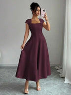 Elenzga Women's Elegant Solid Color Square Neck Waist Tie Splice A-Line Short Sleeve Midi Dress, Suitable For Commuting, Beach, Vacation, Music Festival, Beer Festival In Spring And Summer