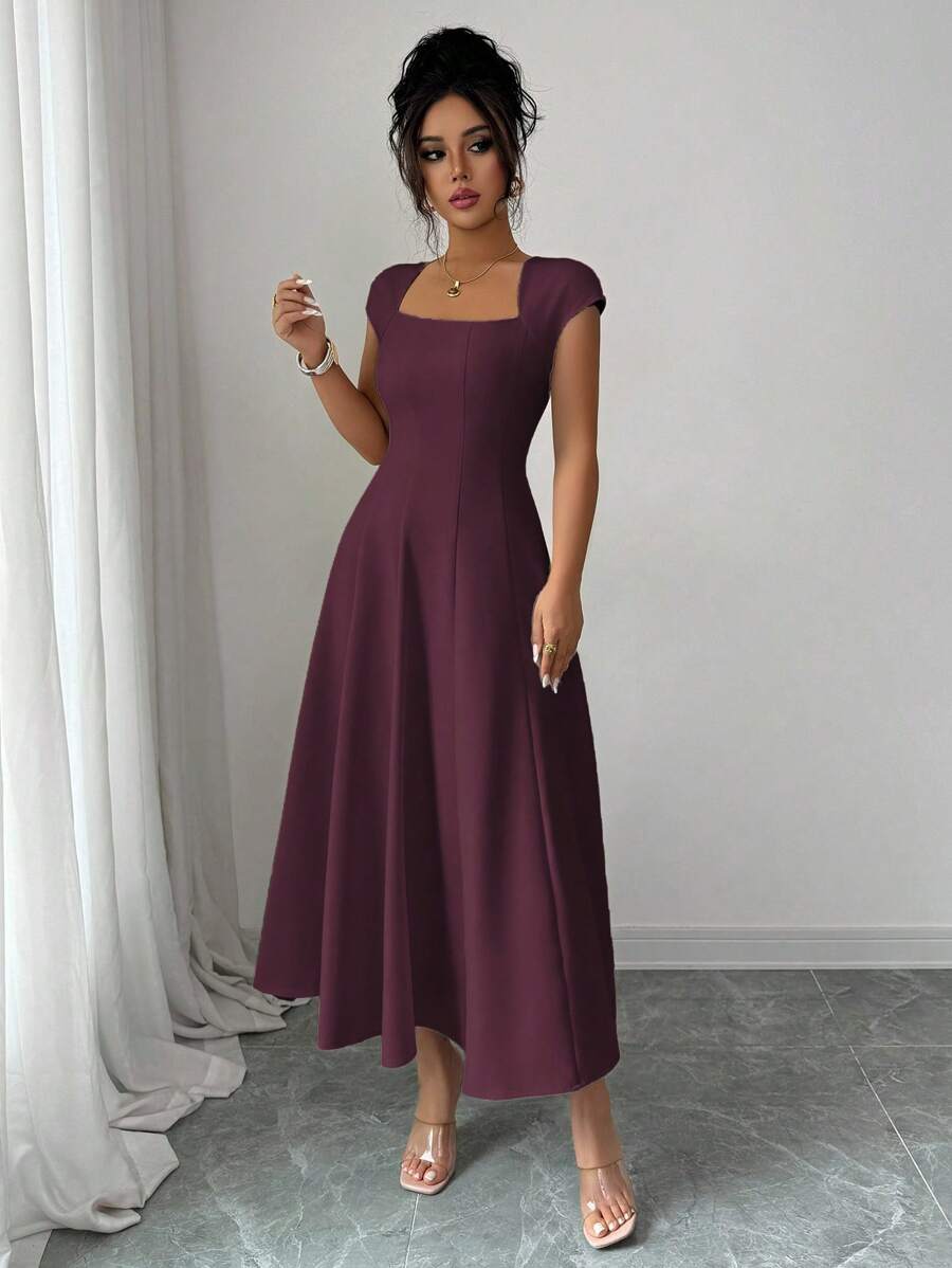 Elenzga Women's Elegant Solid Color Square Neck Waist Tie Splice A-Line Short Sleeve Midi Dress, Suitable For Commuting, Beach, Vacation, Music Festival, Beer Festival In Spring And Summer