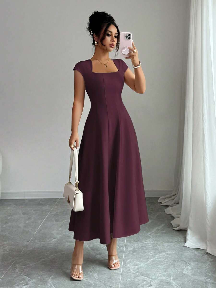 Elenzga Women's Elegant Solid Color Square Neck Waist Tie Splice A-Line Short Sleeve Midi Dress, Suitable For Commuting, Beach, Vacation, Music Festival, Beer Festival In Spring And Summer