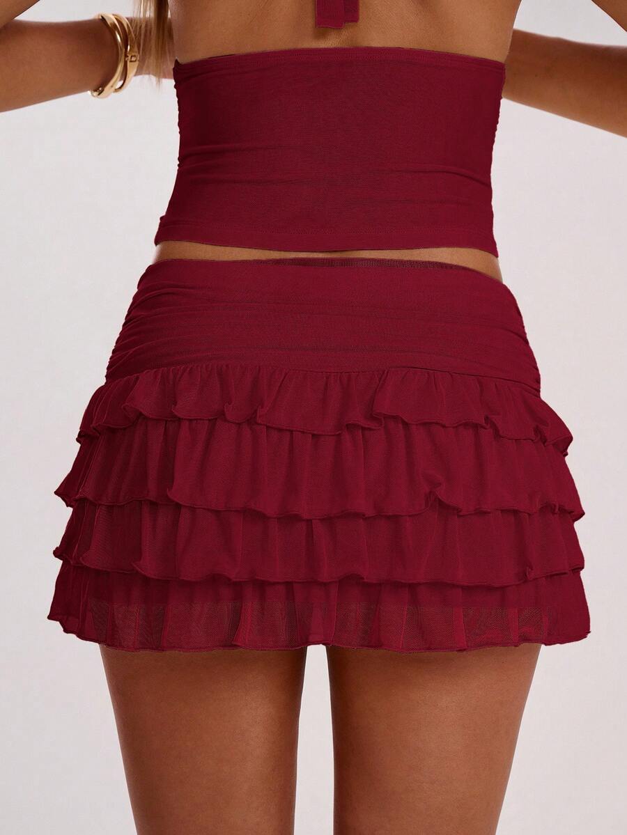 SHEIN BAE Women's Fashionable Sexy Multi-Layer Ruffle Hem Mini Skirt, Summer,Valentine's Day,Valentine Outfits For Women