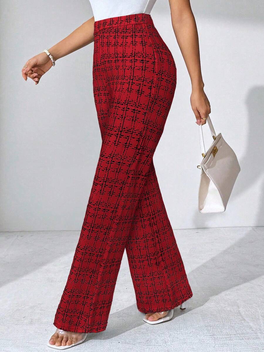 SHEIN Clasi Summer Elegant Women's Plaid Printed Elastic Knitted Pants, Suitable For Various Occasions, Suitable For Summer Vacation, Elegant Travel, And Daily Commuting Business Casual Woman