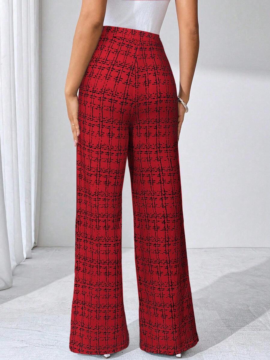 SHEIN Clasi Summer Elegant Women's Plaid Printed Elastic Knitted Pants, Suitable For Various Occasions, Suitable For Summer Vacation, Elegant Travel, And Daily Commuting Business Casual Woman